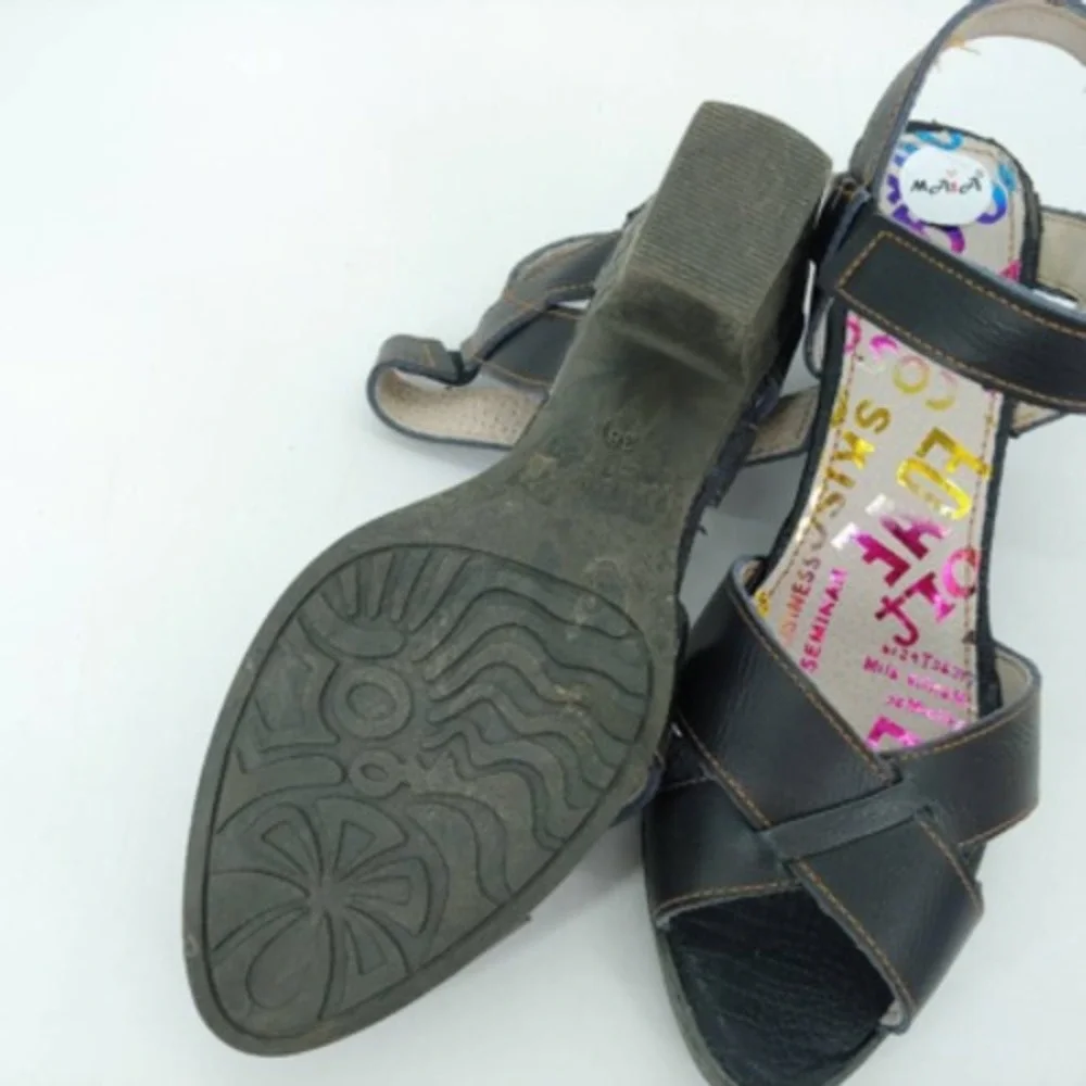 Maia‎ Shoes Womens Ankle Strap Sandals Black Block Heels Peep Toe Buckle 38